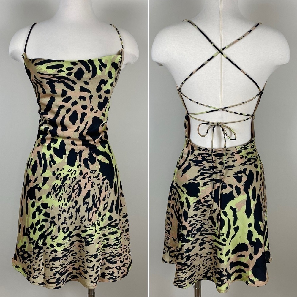 By Together Mini Dress Size S NWT Animal Print‎ Tie Back Lined Flirty Cowl Neck